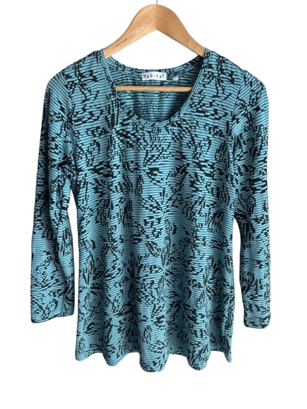 Habitat Semi-Sheer Striped Floral Top Sz S Blue Long Sleeve Shirt Minimalist EUC